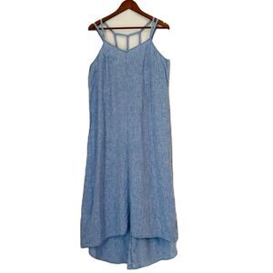 Antibes Blanc Sundress Women L Blue Chambray Maxi Strappy Asymmetrical Beachy